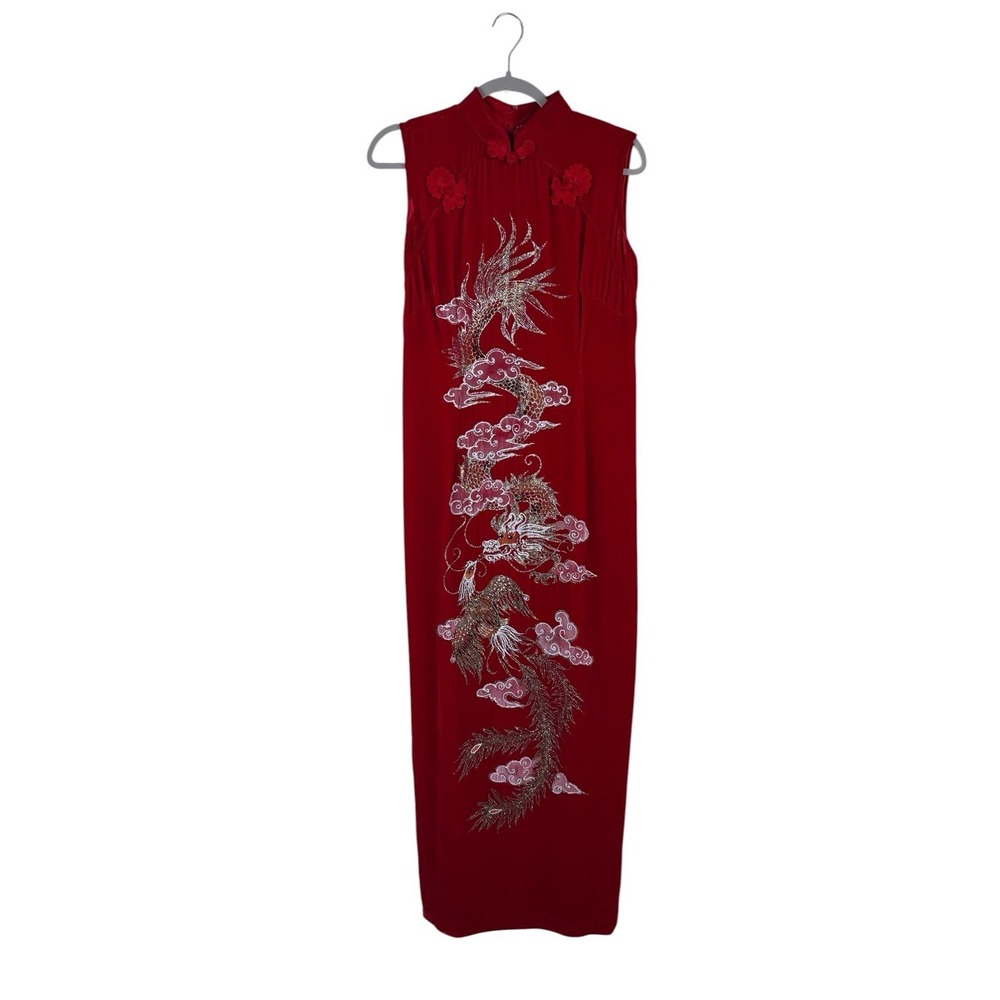 VTG Red Dragon Phoenix Cheongsam‎ Dress Y2K Mandarin Collar Velvet Asian Inspo